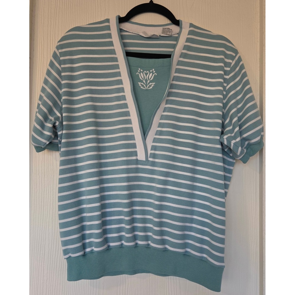 Alfred Dunner Vintage Floral Embroidery Striped Knit Top Size M Retro Grannycore